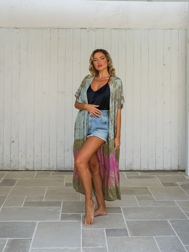 Kimono lungo rayon con balza stampa sfumata Zelia - rosa - Bijondo