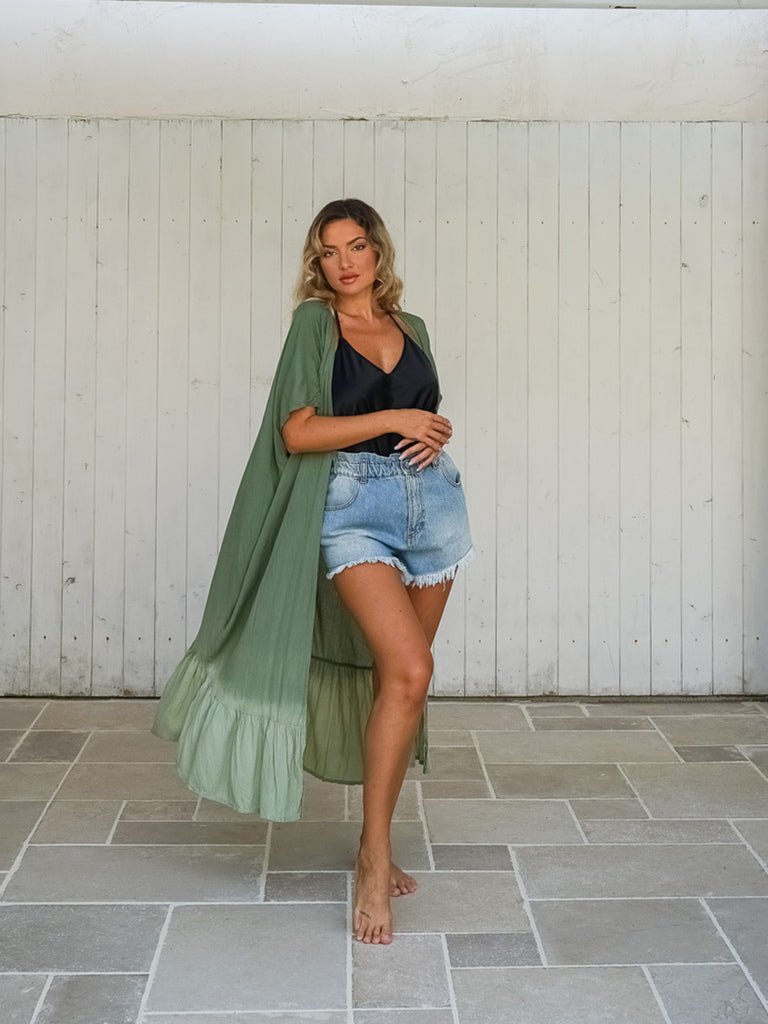 Kimono lungo rayon con balza stampa sfumata Zelia - verde - Bijondo