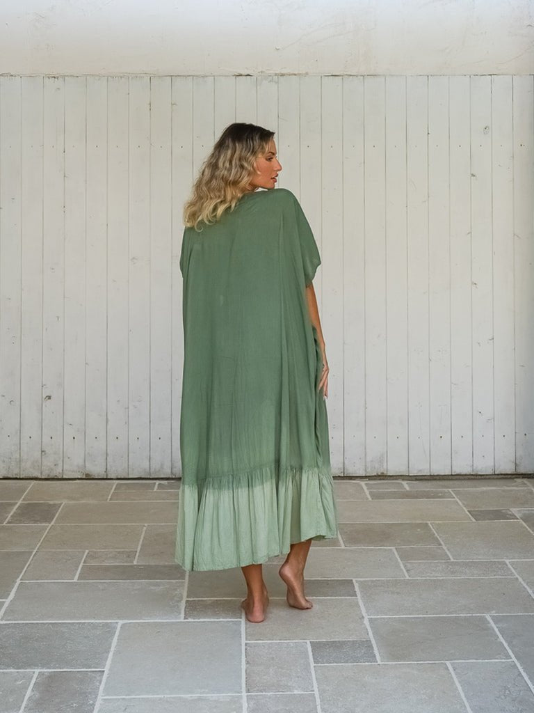 Kimono lungo rayon con balza stampa sfumata Zelia - verde - Bijondo
