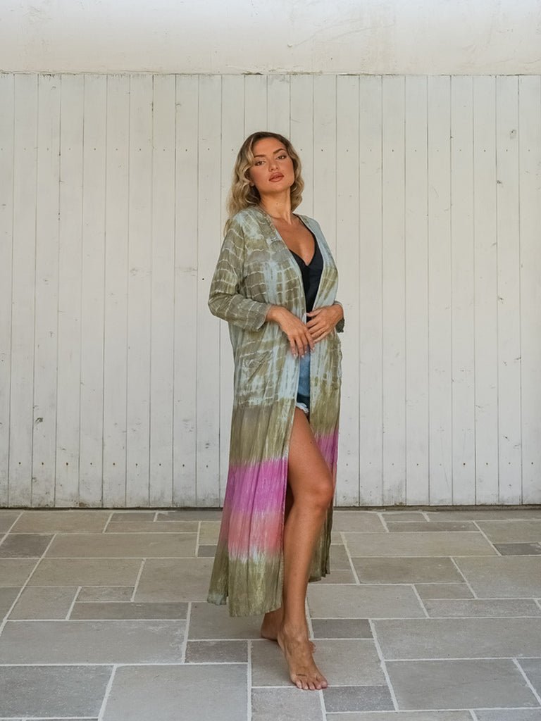 Kimono lungo rayon con tasche stampa sfumata Sawana - rosa - Bijondo