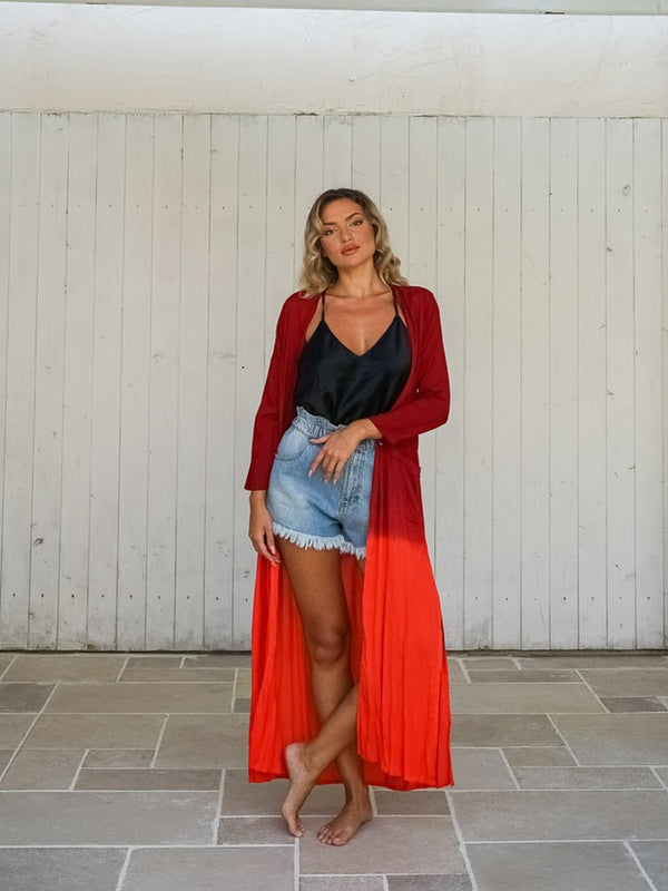 Kimono lungo rayon con tasche stampa sfumata Sawana - rosso - Bijondo