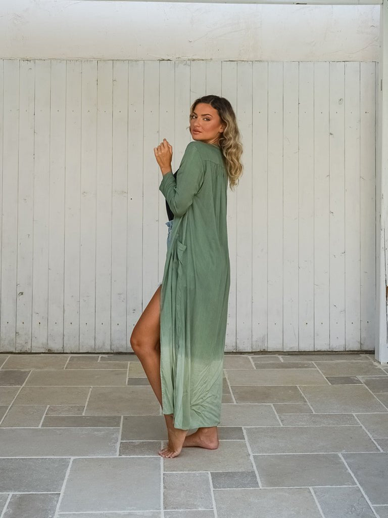 Kimono lungo rayon con tasche stampa sfumata Sawana - verde - Bijondo