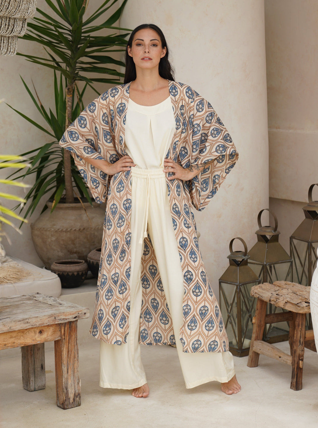 Kimono lungo seta cintura Conny-avorio-Bijondo