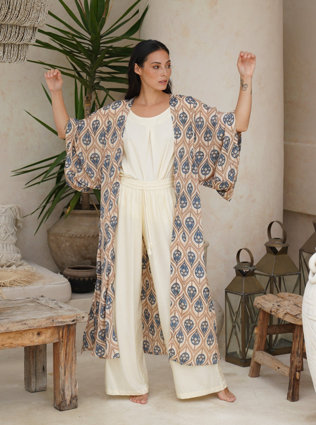 Kimono lungo seta cintura Conny-avorio-Bijondo