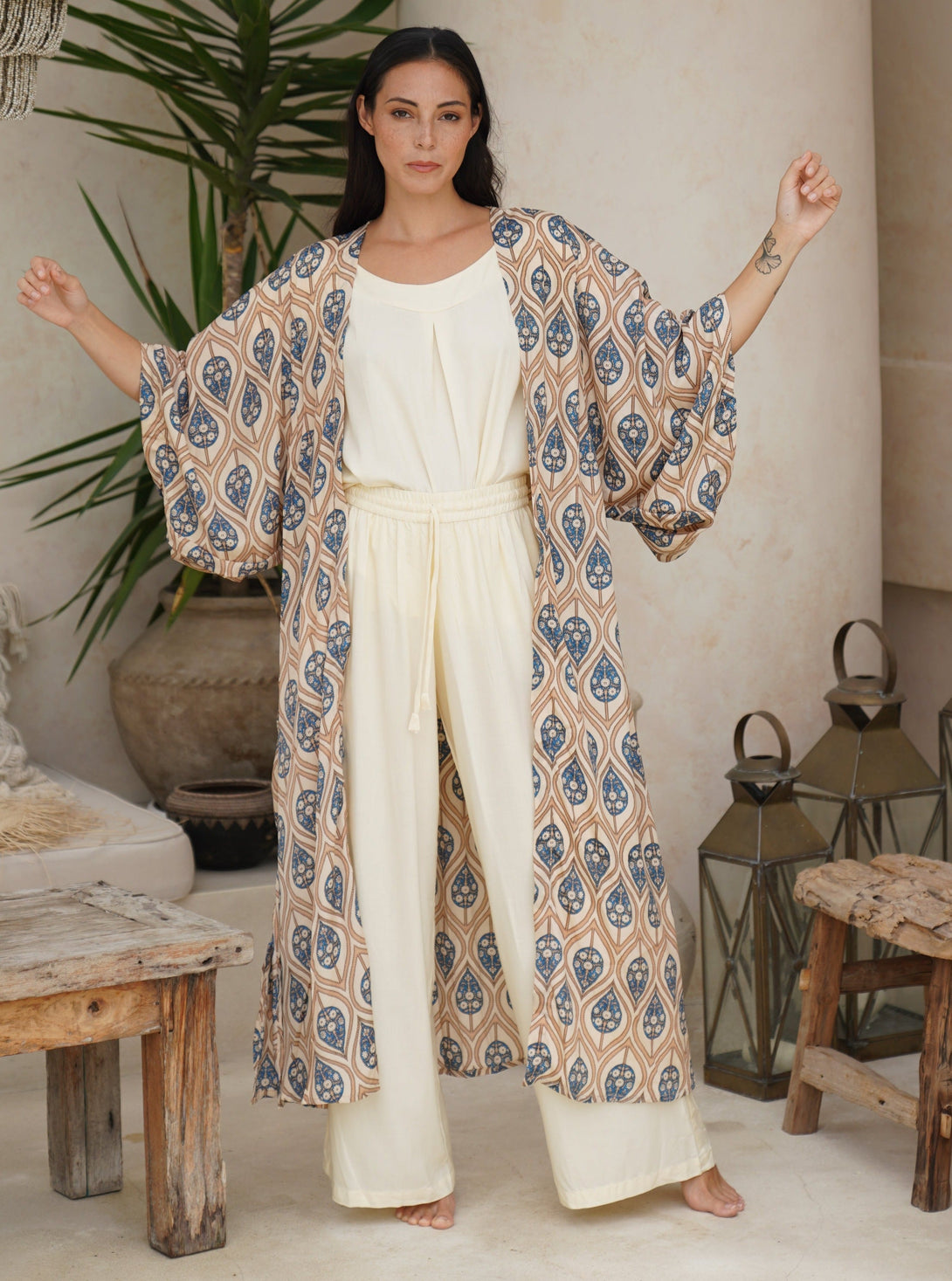 Kimono lungo seta cintura Conny-avorio-Bijondo