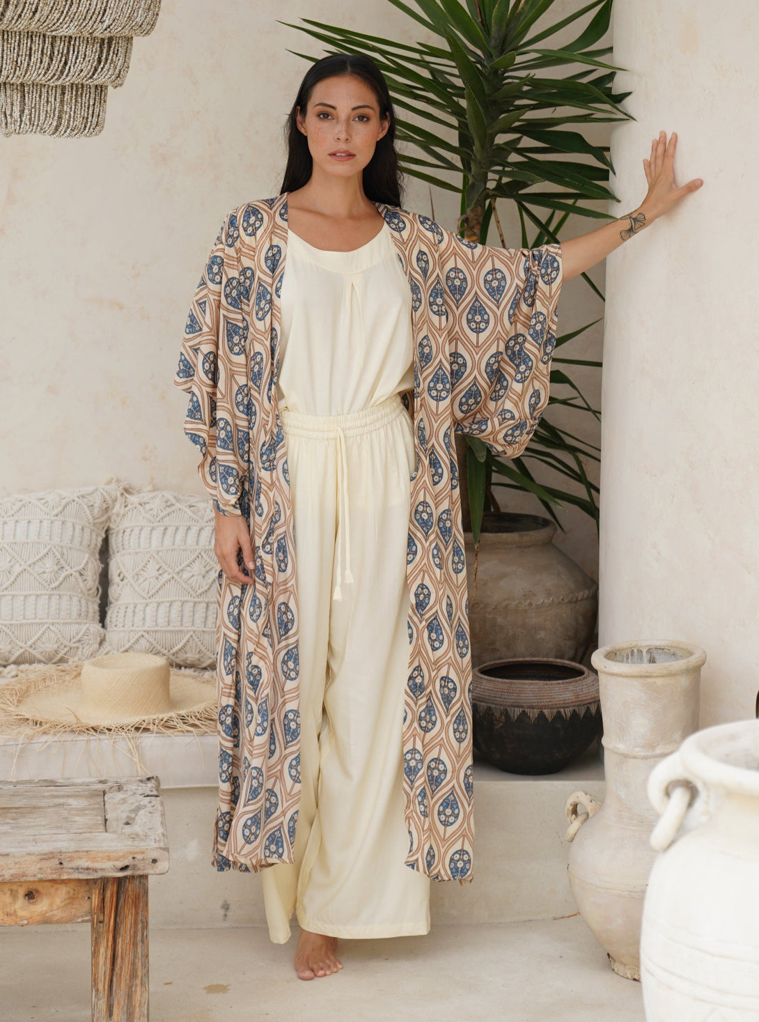 Kimono lungo seta cintura Conny-avorio-Bijondo