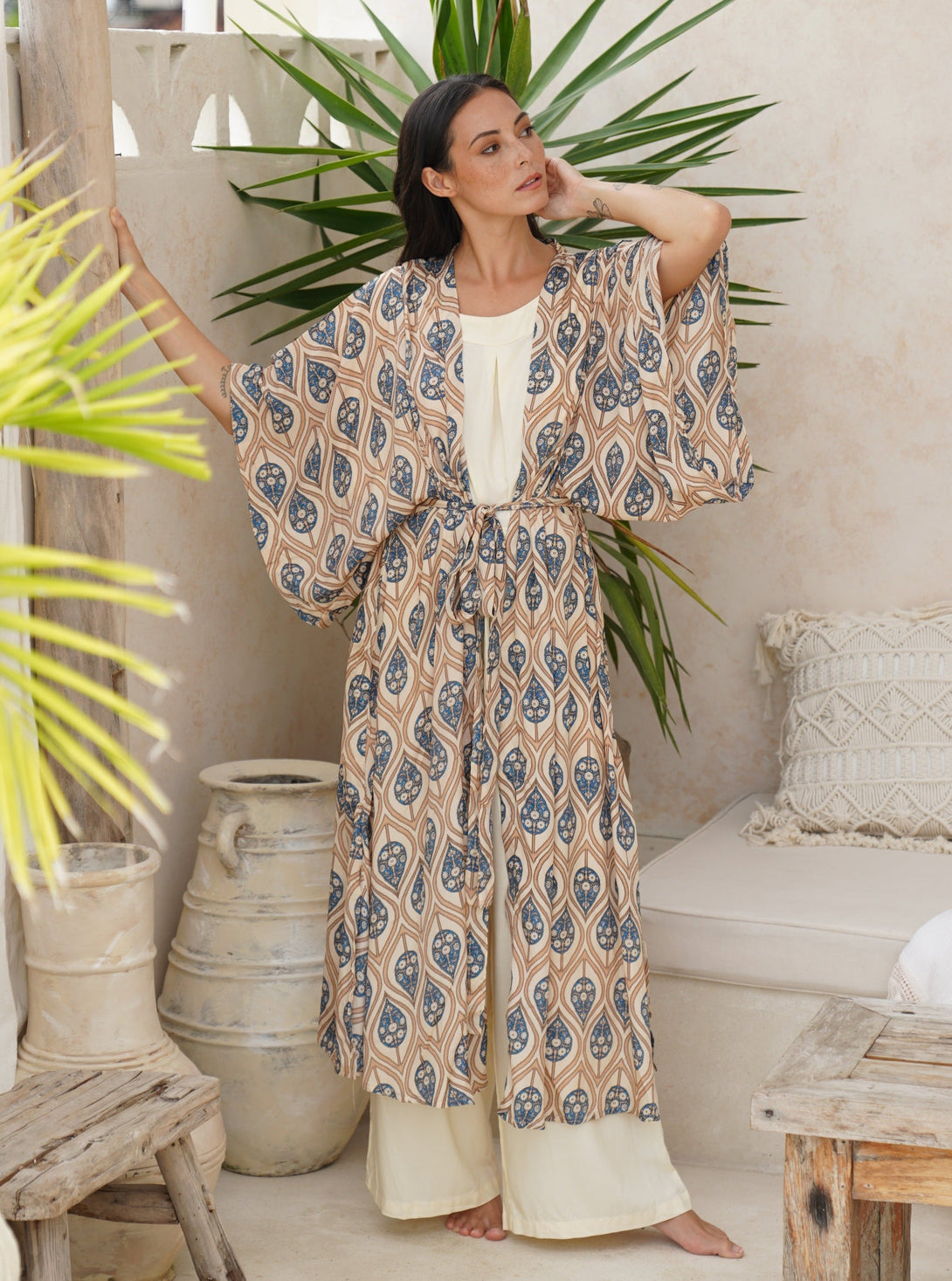 Kimono lungo seta cintura Conny-avorio-Bijondo