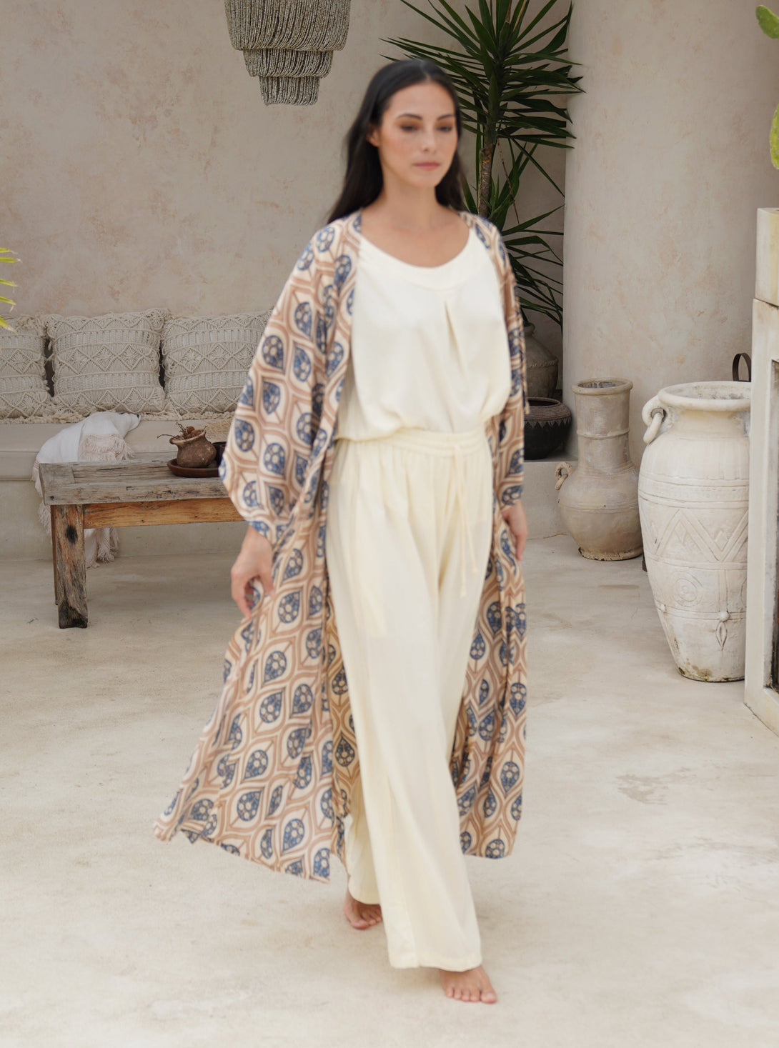 Kimono lungo seta cintura Conny-avorio-Bijondo