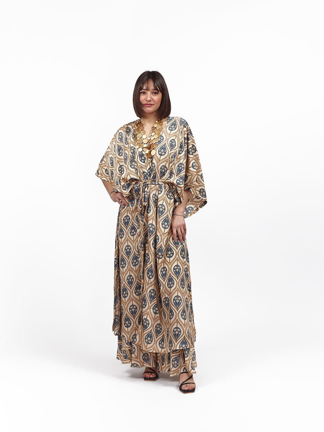 Kimono lungo seta cintura Conny - avorio - Bijondo