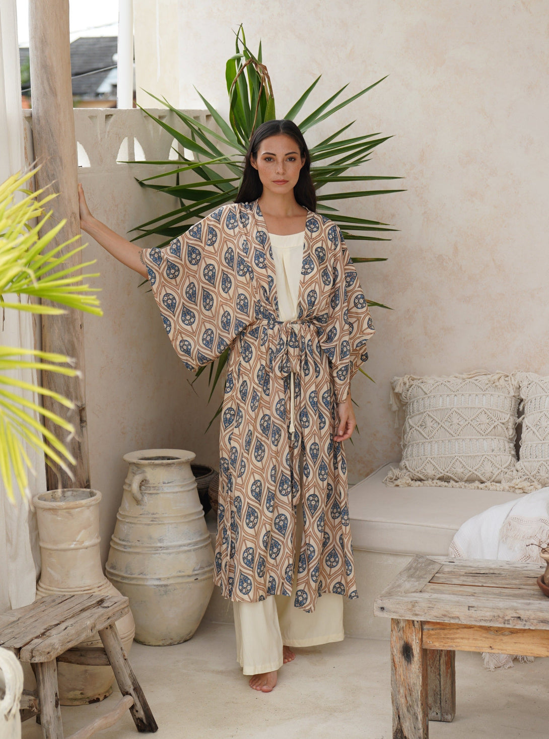 Kimono lungo seta cintura Conny-avorio-Bijondo