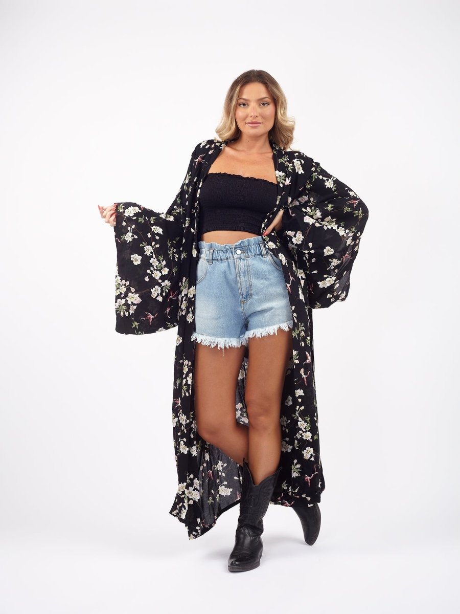 Kimono stampa floreale rayon Barbara - nero - Bijondo