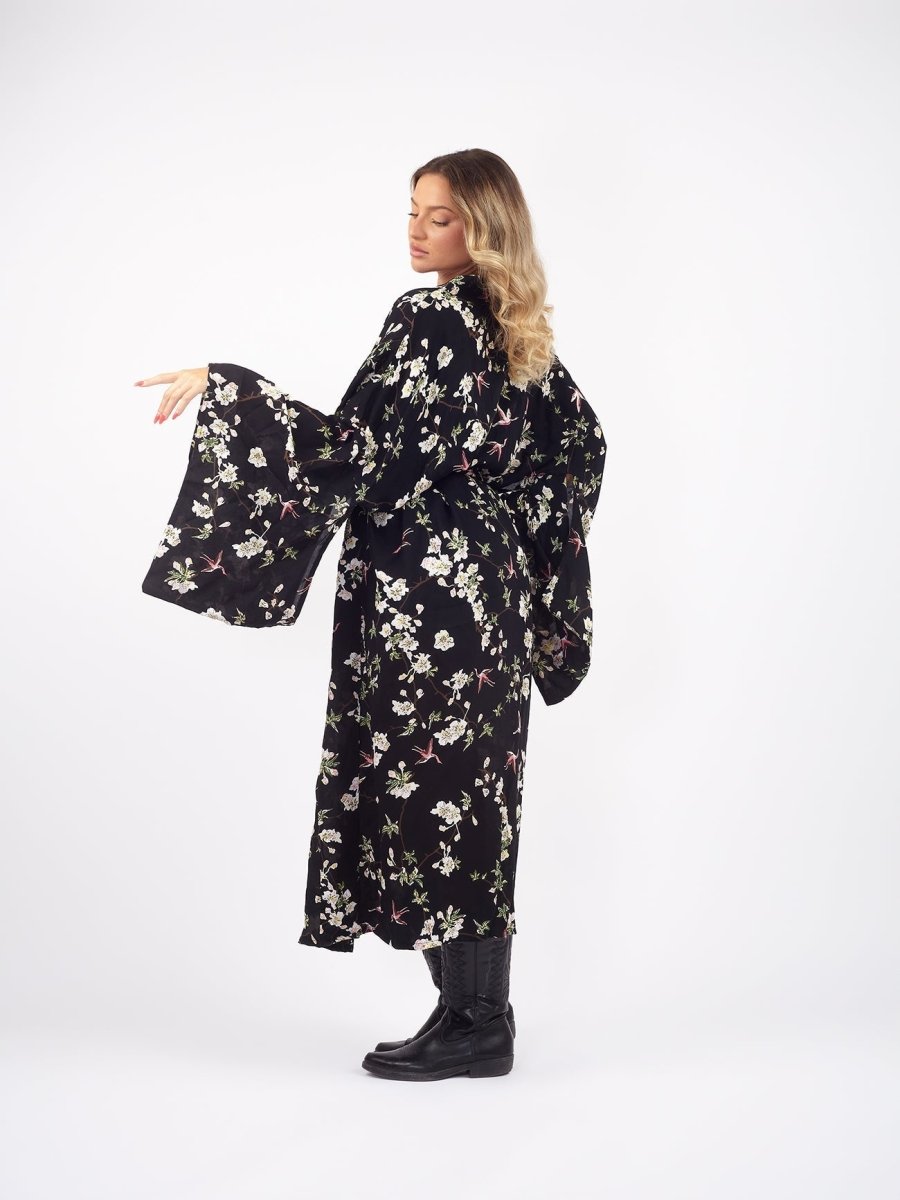 Kimono stampa floreale rayon Barbara - nero - Bijondo
