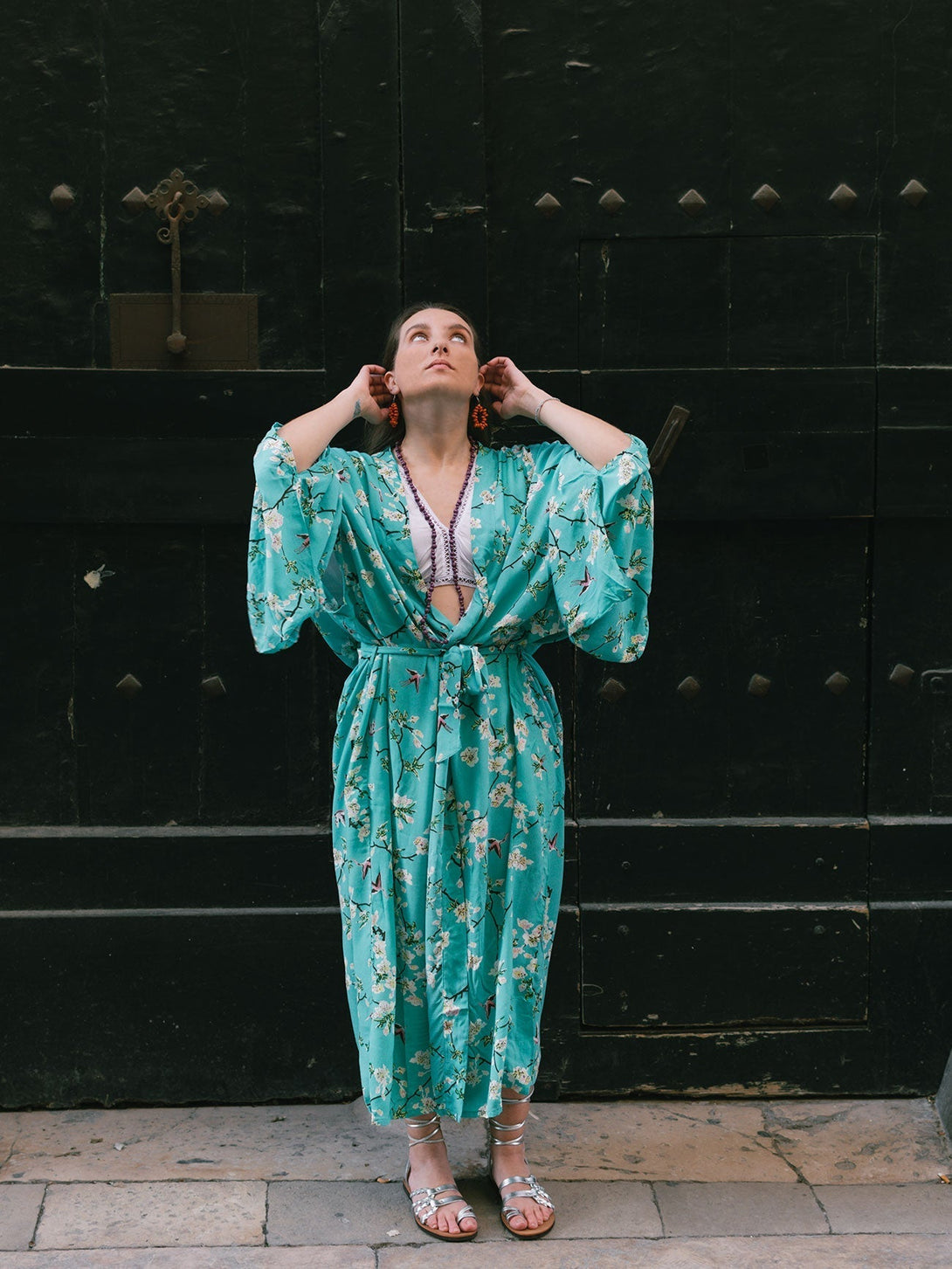 Kimono stampa floreale rayon Barbara - turchese - Bijondo