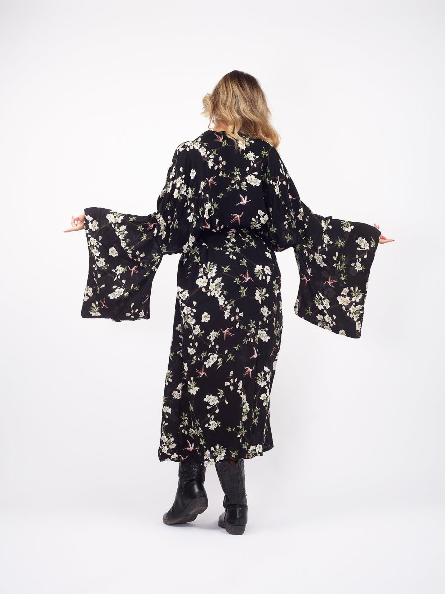 Kimono stampa floreale rayon Barbara - nero - Bijondo