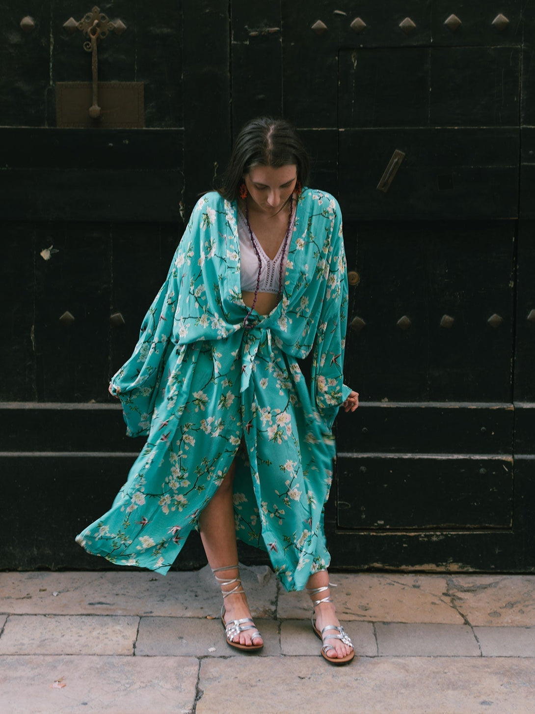 Kimono stampa floreale rayon Barbara - turchese - Bijondo