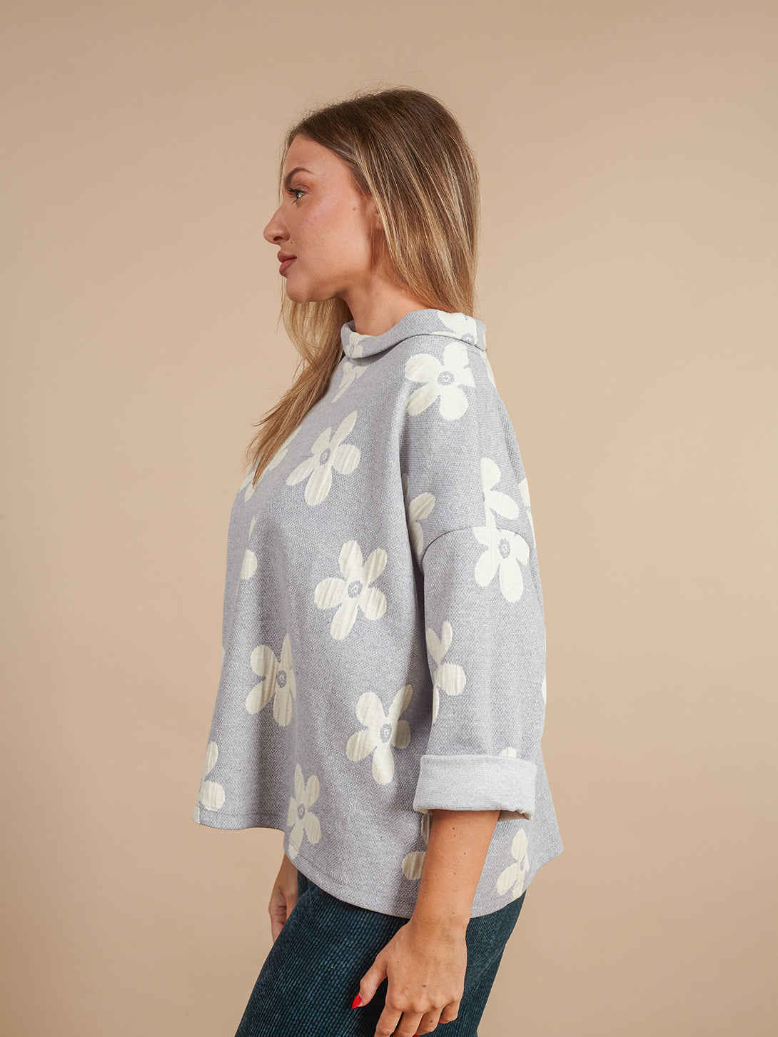 Maglia fiori collo particolare Daria-maglia-Wendy Trendy-grigio-taglia unica-Bijondo