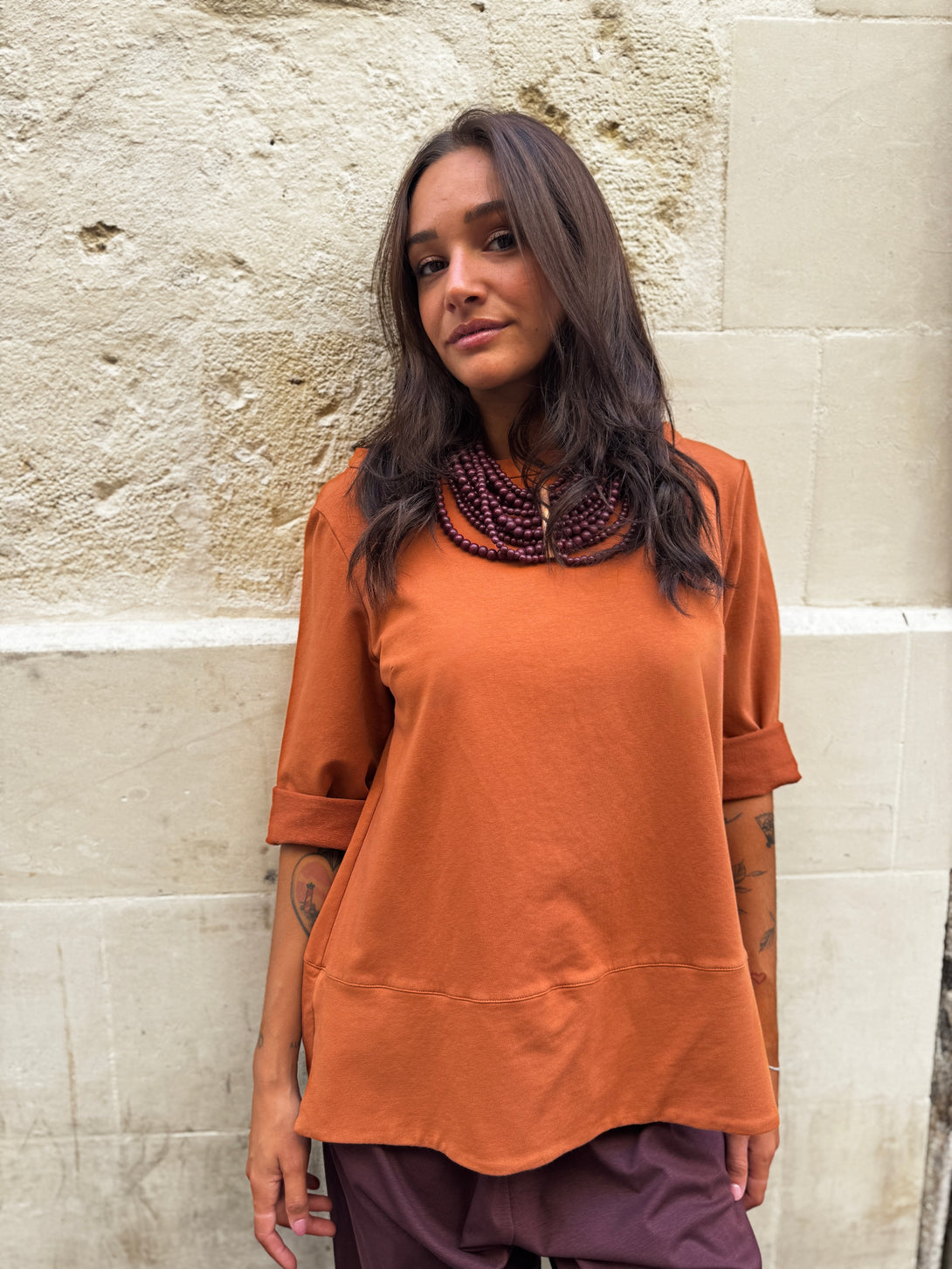 Maglia in punto Milano con colletto a barca Ava-maglia-Bijondo-Arancione-taglia unica-Bijondo