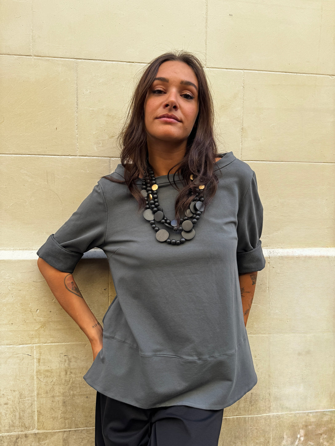 Maglia in punto Milano con colletto a barca Ava-maglia-Bijondo-Grigio-taglia unica-Bijondo