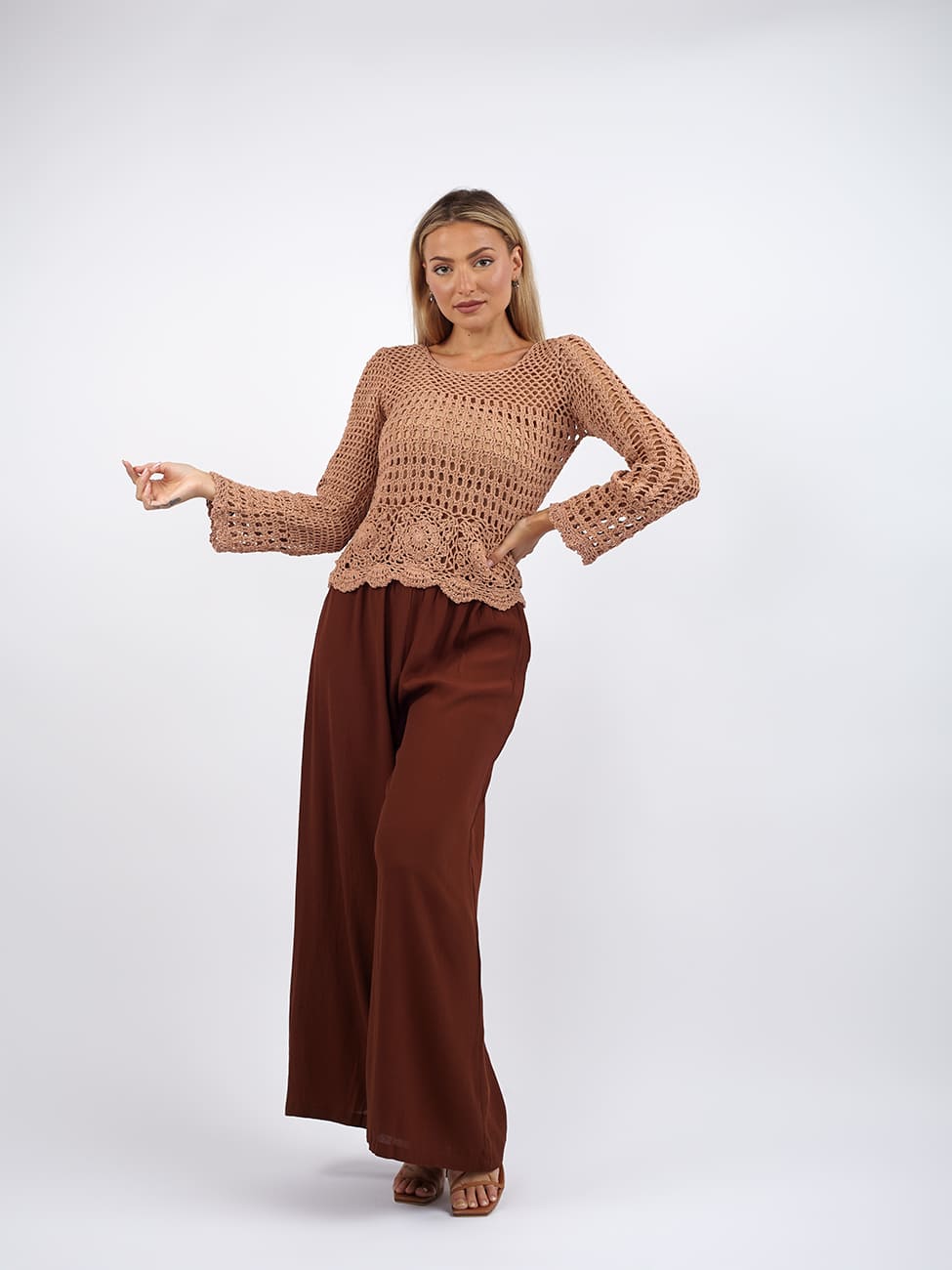 Maglia manica lunga crochet Lilly - beige - Bijondo