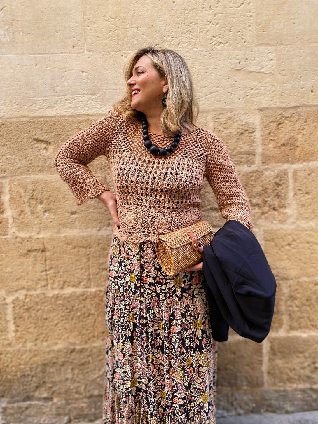 Maglia manica lunga crochet Lilly-beige-taglia unica-Bijondo