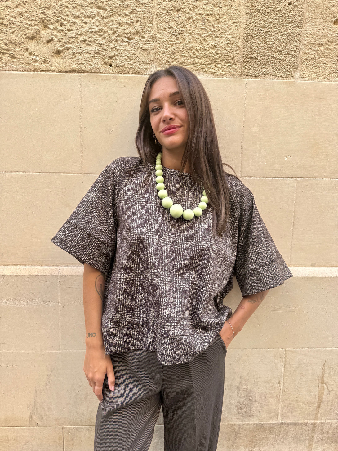 Maglia neoprene fantasia pied de poule Veronica-maglia-Bijondo-Marrone-taglia unica-Bijondo