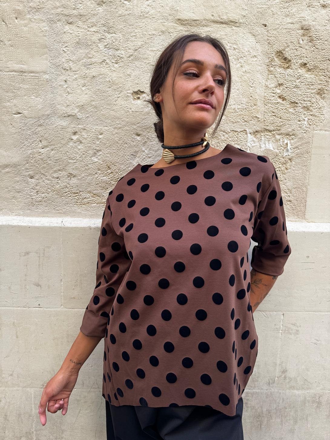 Maglia punto milano pois Mary-top-Bijondo-Marrone-taglia unica-Bijondo