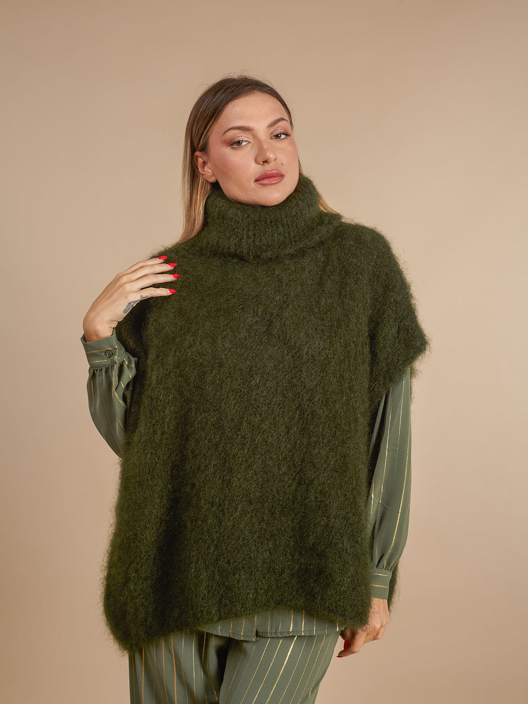 Maglione Lilo collo alto smanicato kid mohair-Maglione-Bijondo-Salvia-taglia unica-Bijondo