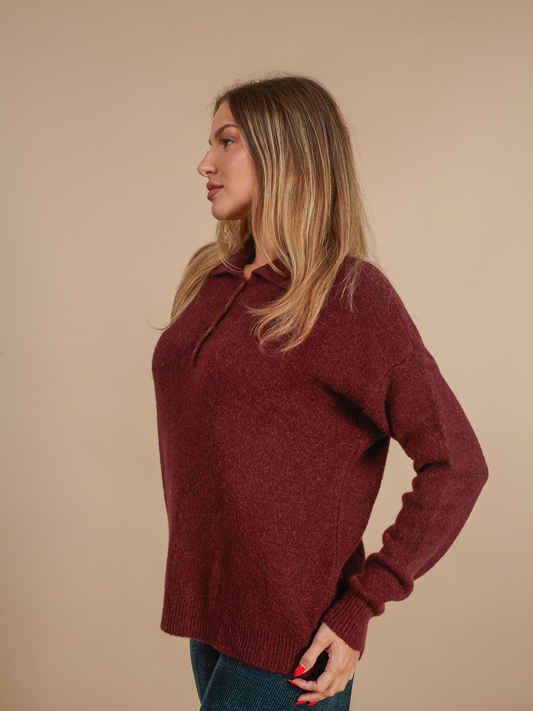 Maglione alpaca con colletto e bottoni Meddy-Maglione-Bijondo-bordeaux-Taglia Unica-Bijondo