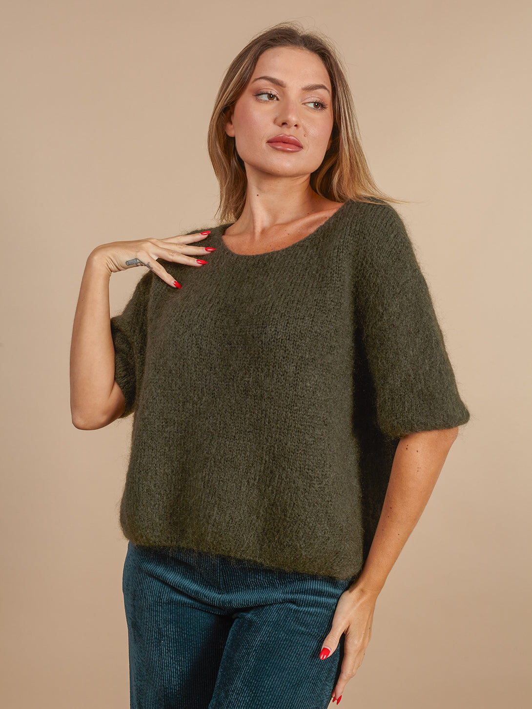 Maglione mezza manica con mohair e lana Brigitta-Maglione-Bijondo-Salvia-taglia unica-Bijondo