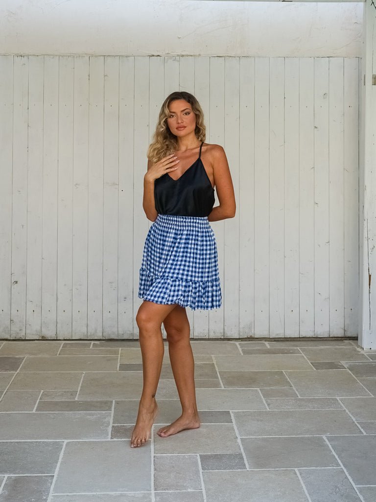 Minigonna a balza vita elasticizzata Mira - blu quadri - Bijondo