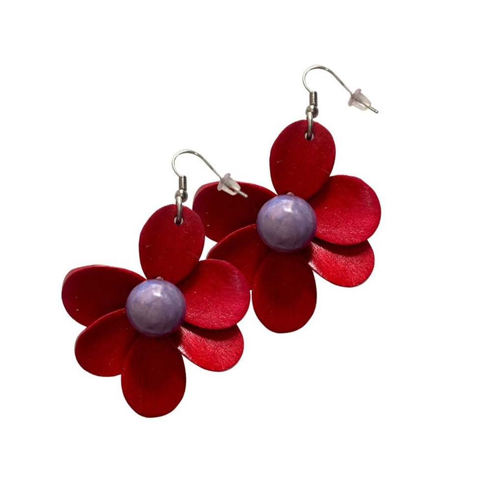 Orecchini Pendenti In Legno Artigianali – Fiori Colorati Blu, Rosso, Verde, Grigio, Beige, Nero - Foto 2