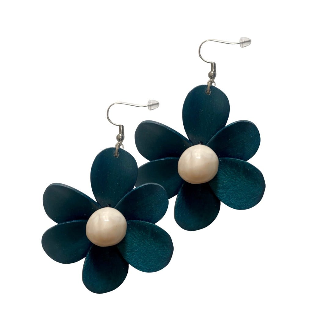 Orecchini Fiore legno - petrolio - Bijondo