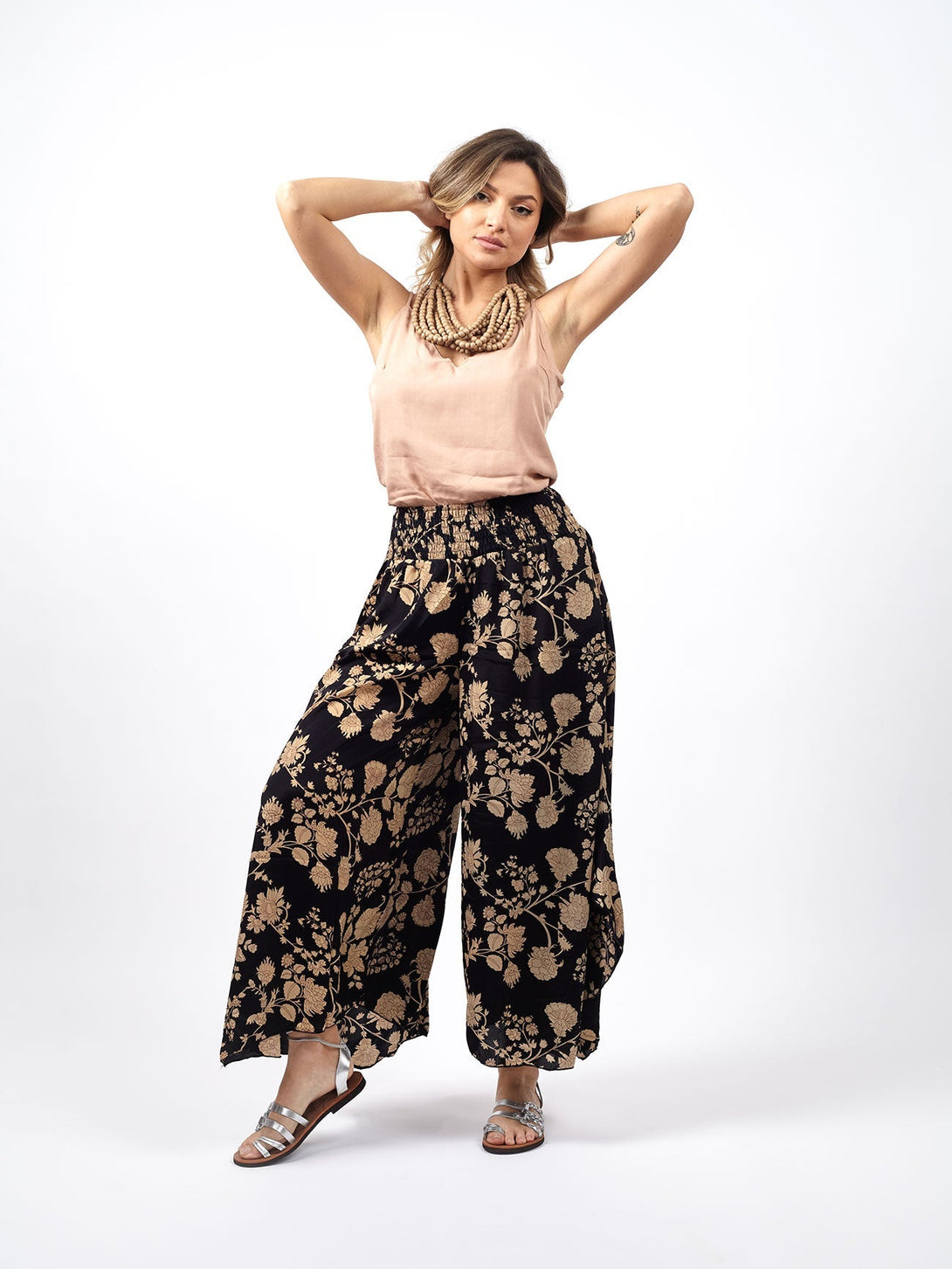 Pantaloni Seta Giselle-nero fiori-Bijondo