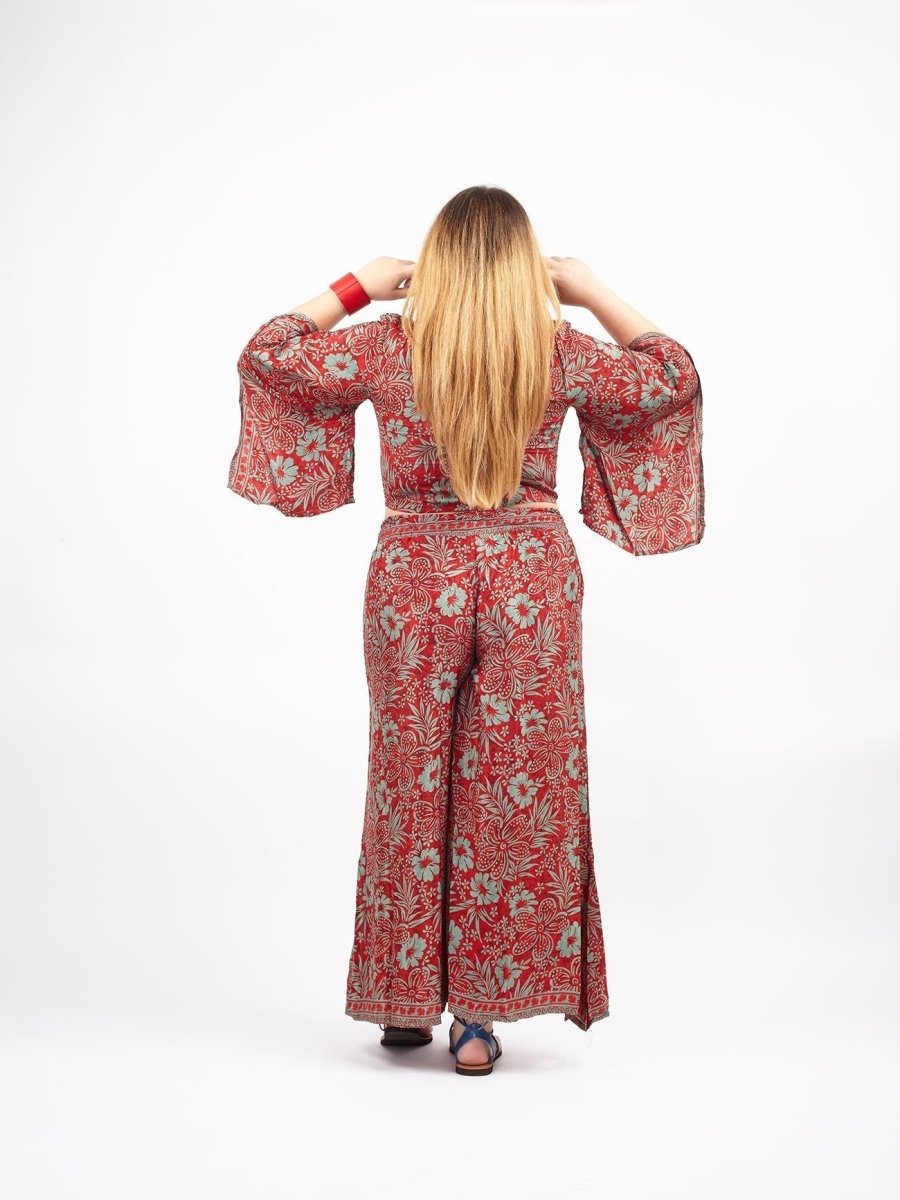 Pantaloni in seta fantasia floreale Almarosa - rosso - Bijondo