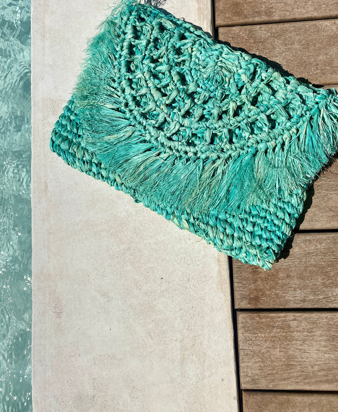 Pochette Amelia boho chic in rafia-acquamarina-Bijondo