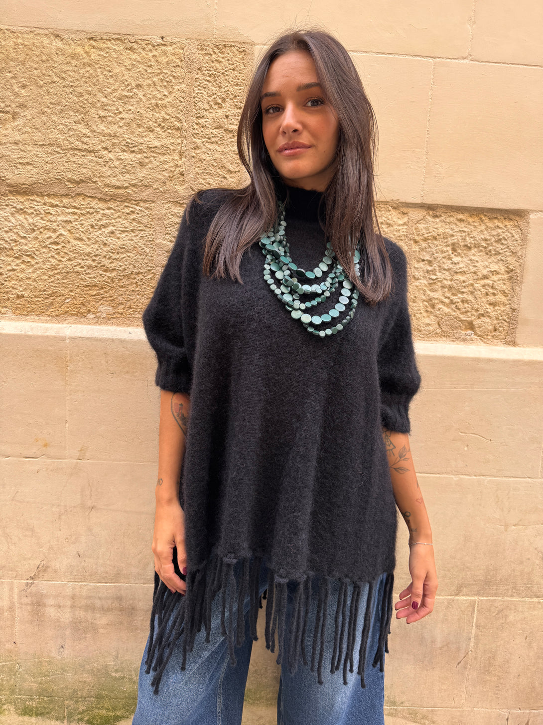 Poncho Kid Mohair Pamela-Maglione-Bijondo-Nero-taglia unica-Bijondo