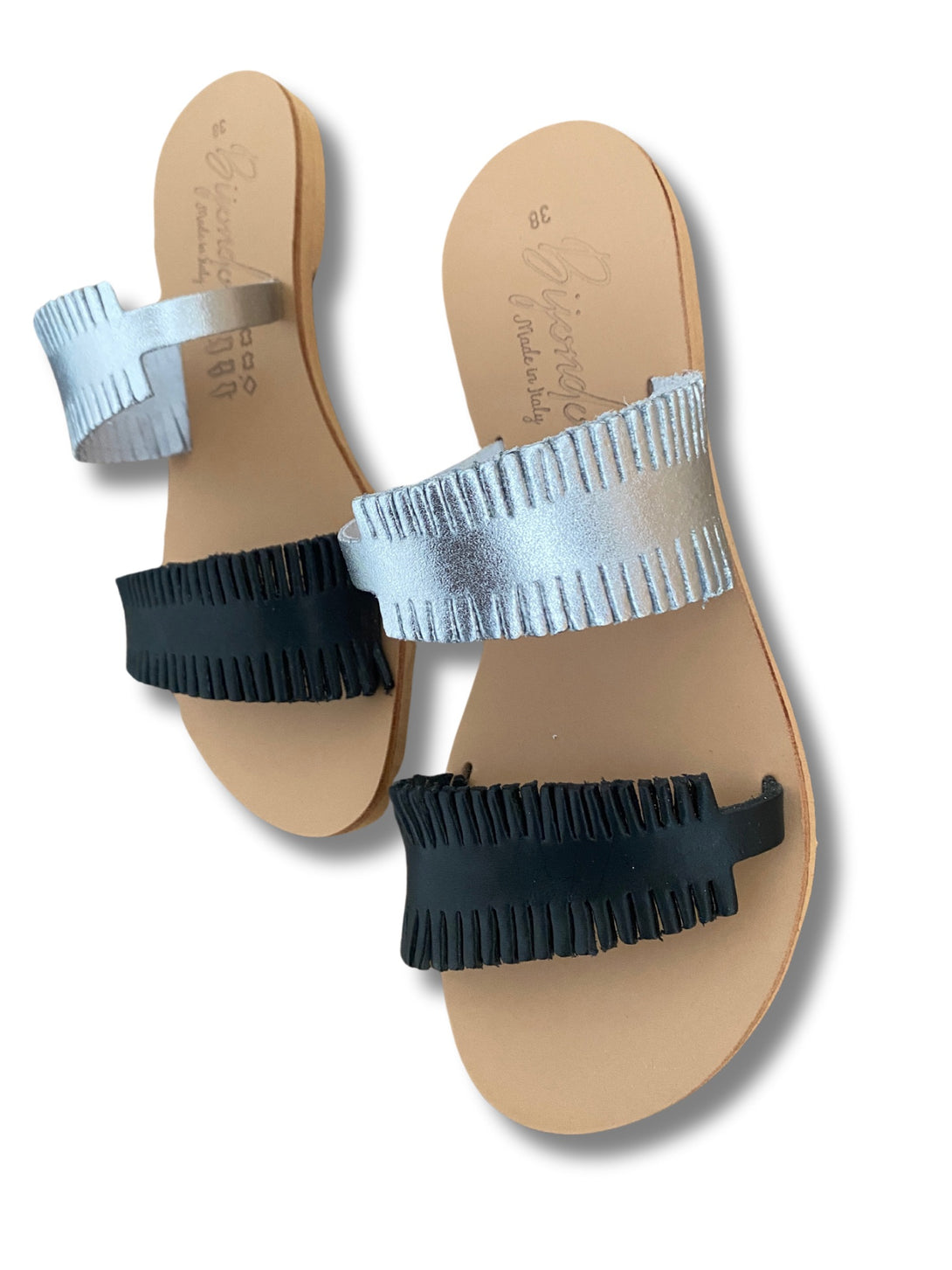 Sandalo in pelle nero e laminato argento Vitoria-scarpe-Bijondo-Bijondo