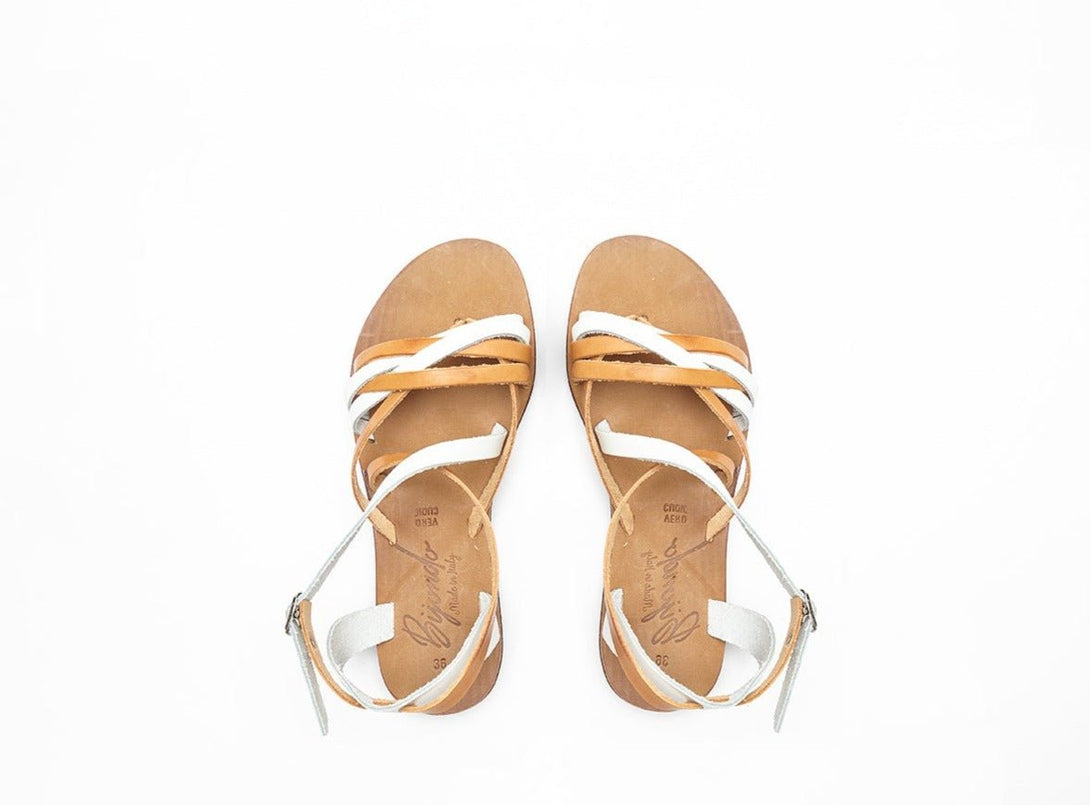 Sandalo in pelle stringato bicolor Jenny - cuoio - Bijondo
