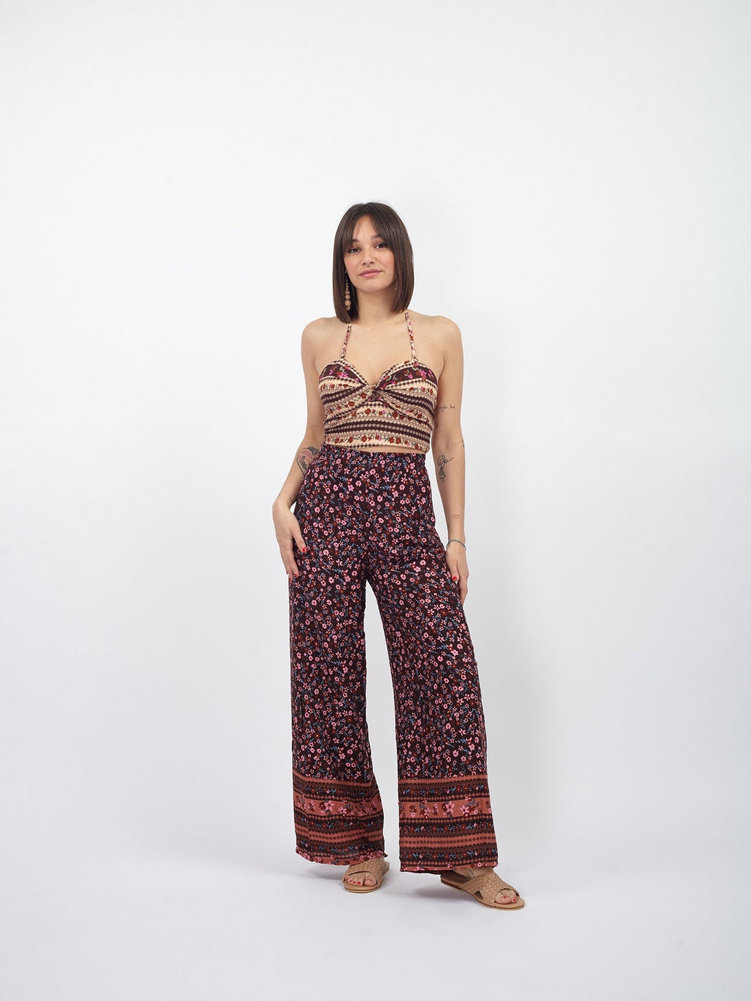 Set boho crop top e pantaloni thai Albachiara-marrone-Bijondo