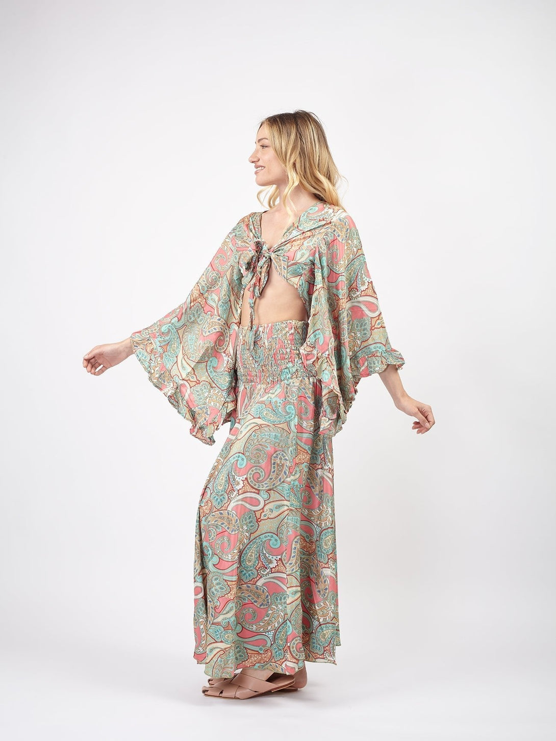 Set seta crop top e pantaloni Fatima - pesca - Bijondo