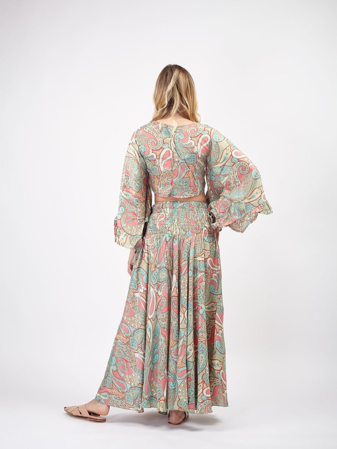 Set seta crop top e pantaloni Fatima - pesca - Bijondo