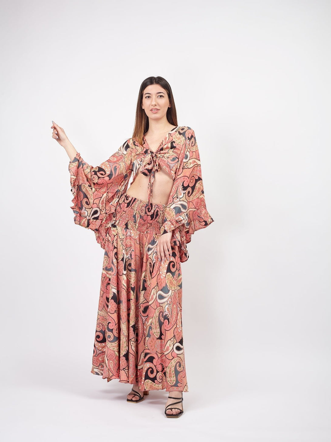 Set seta crop top e pantaloni Fatima - pesca - Bijondo