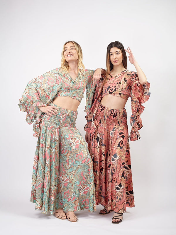 Set seta crop top e pantaloni Fatima - acquamarina - Bijondo