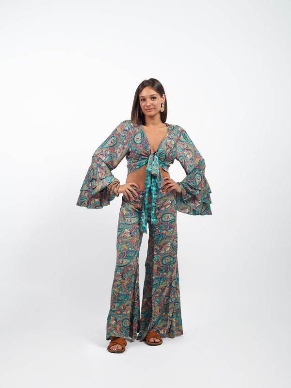 Top crop manica volant seta Solare-cashmere-taglia unica-Bijondo