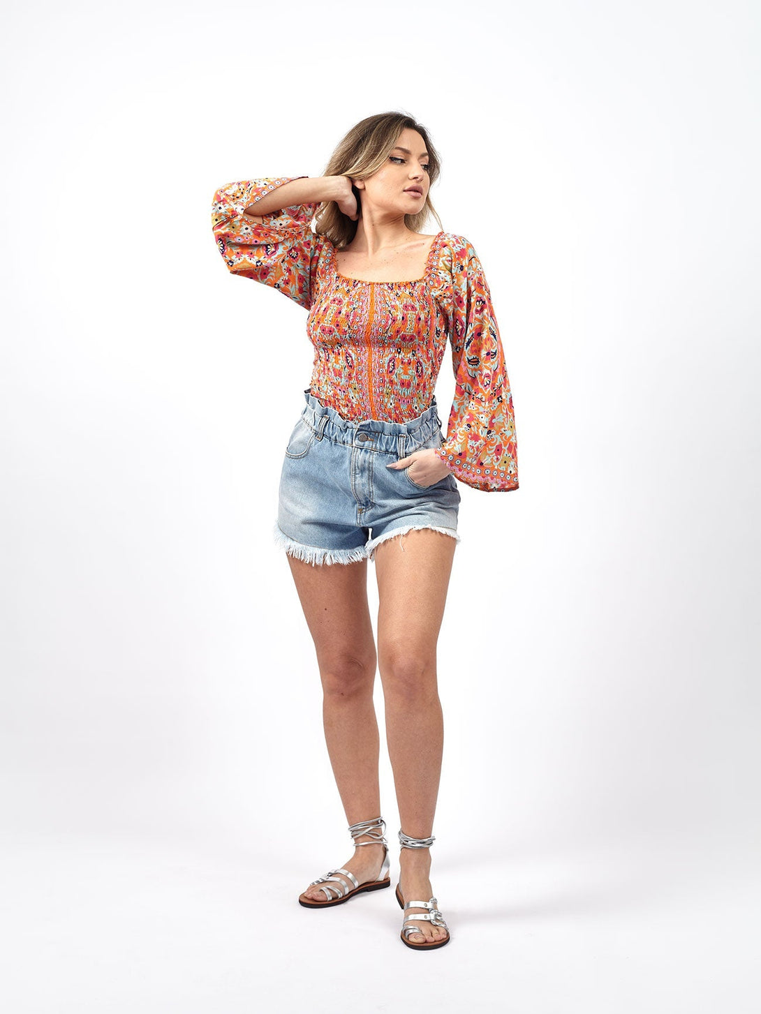 Top elasticizzato manica a ventaglio Miriam-arancione-Bijondo