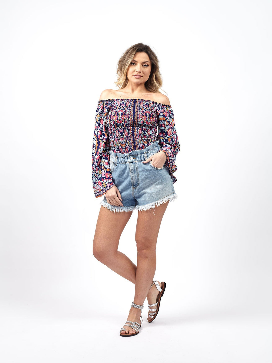 Top elasticizzato manica a ventaglio Miriam-blu-Bijondo