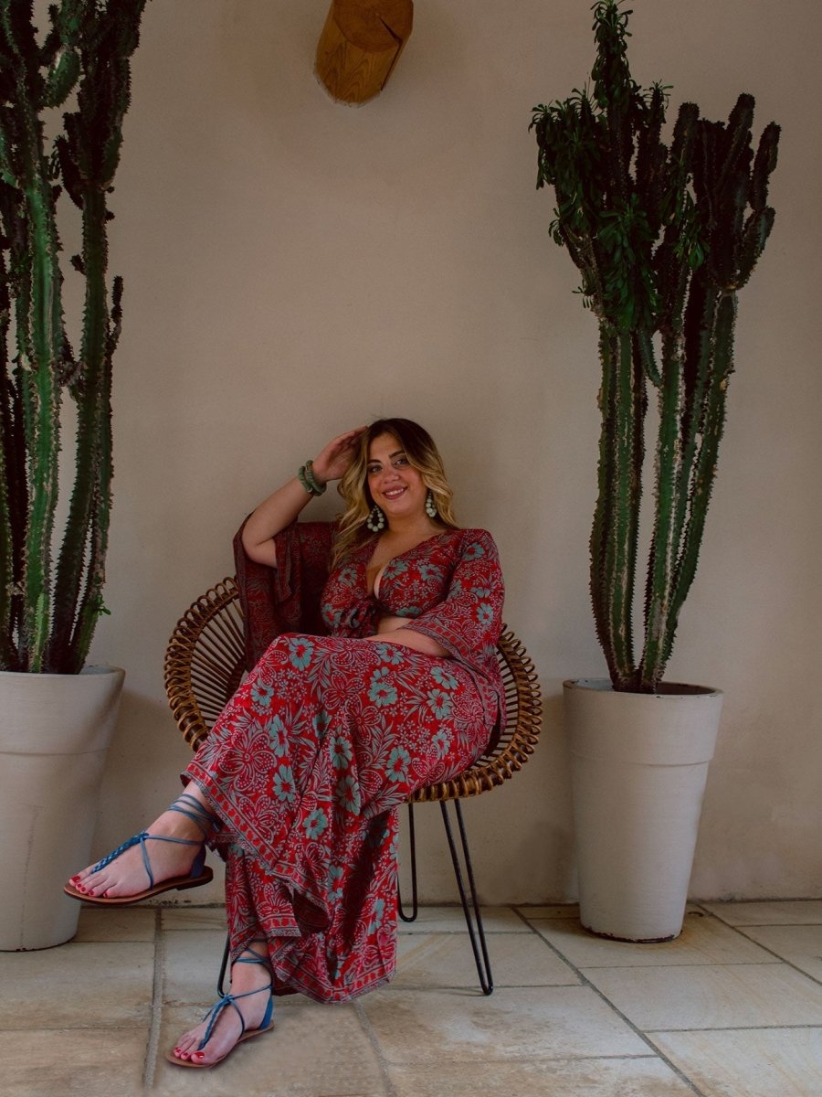 Top in seta fantasia floreale Almarosa - rosso - Bijondo