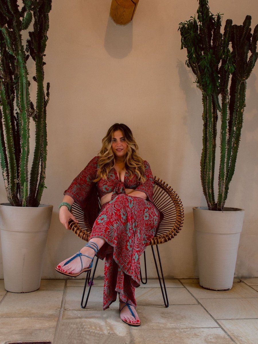 Top in seta fantasia floreale Almarosa - rosso - Bijondo