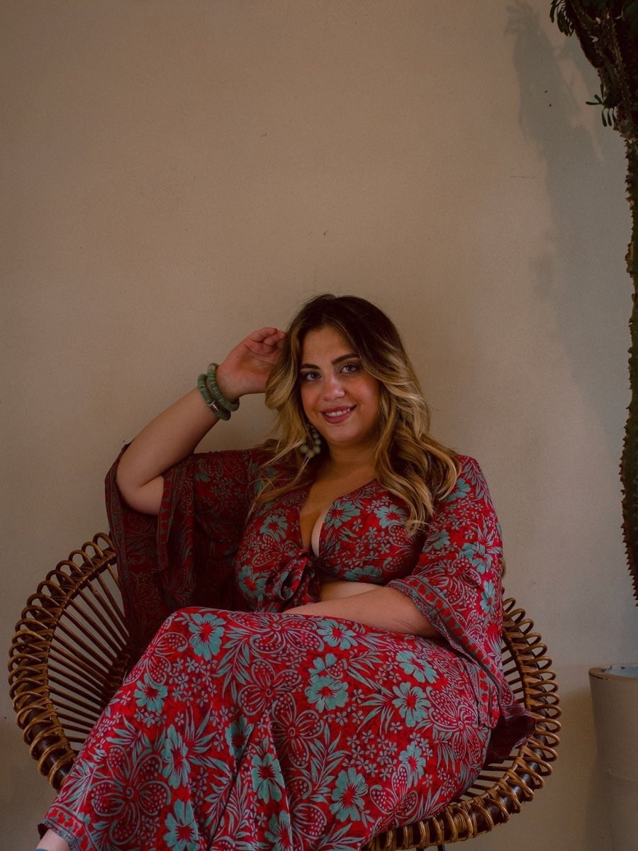 Top in seta fantasia floreale Almarosa - rosso - Bijondo