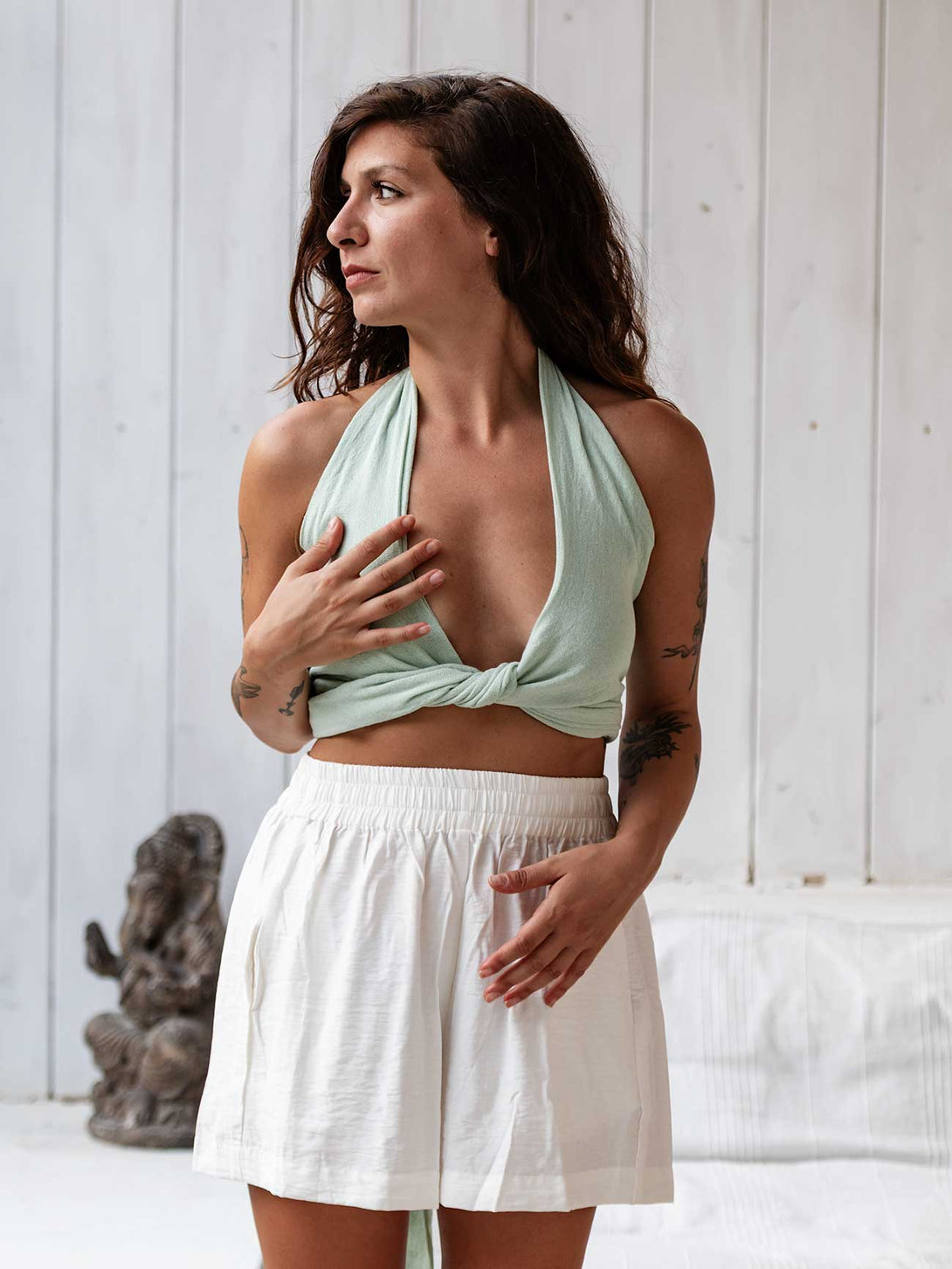 Top wrap trasformabile cotone greige Greta-top-Bijondo-Menta-taglia unica-Bijondo